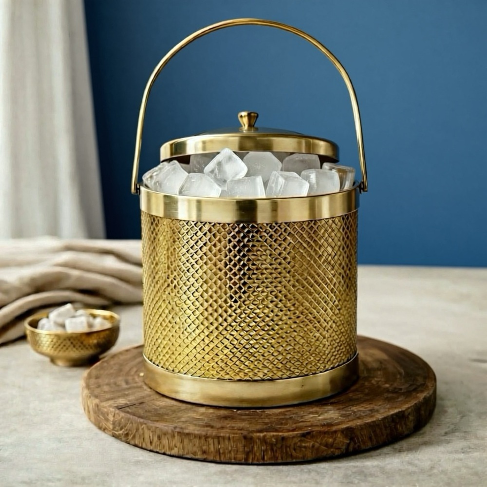 Swanky MCM Hollywood Regency Gold Mesh Ice Bucket with Lid